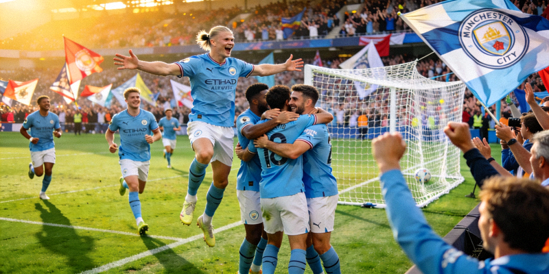 英超足球比赛集锦，曼城球员庆祝进球